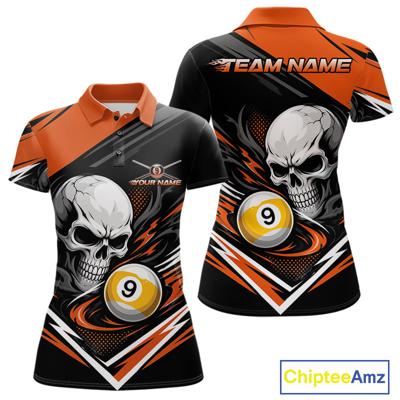Custom Black And Orange 9 Ball Skull Billiards Women Polo Shirt, Pool Team Shirt IPHW11742