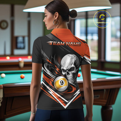 Custom Black And Orange 9 Ball Skull Billiards Women Polo Shirt, Pool Team Shirt IPHW11742