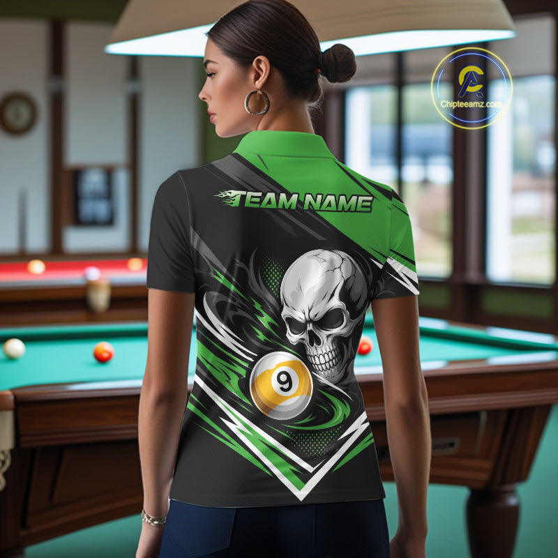 Custom Black And Green 9 Ball Skull Billiards Women Polo Shirt, Pool Team Shirt IPHW11743