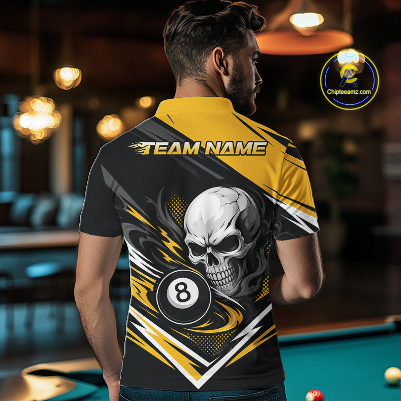 Custom Black And Yellow 8 Ball Skull Billiards Men Polo Shirt, Pool Team Shirt IPHW11744