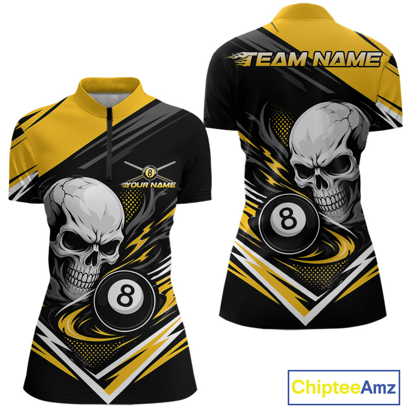 Custom Black And Yellow 8 Ball Skull Billiards Women Quarter-Zip Shirt, Pool Team Shirt IPHW11744