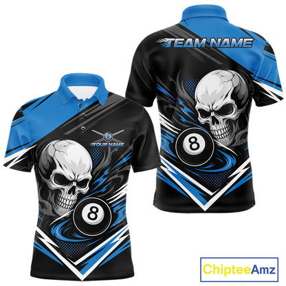 Custom Black And Blue 8 Ball Skull Billiards Men Polo Shirt, Pool Team Shirt IPHW11745