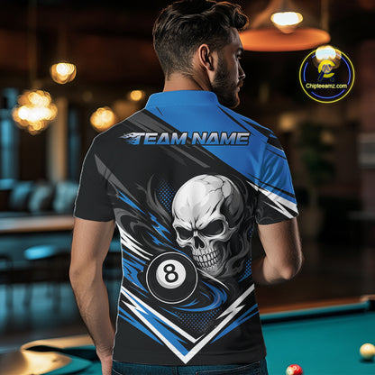 Custom Black And Blue 8 Ball Skull Billiards Men Polo Shirt, Pool Team Shirt IPHW11745