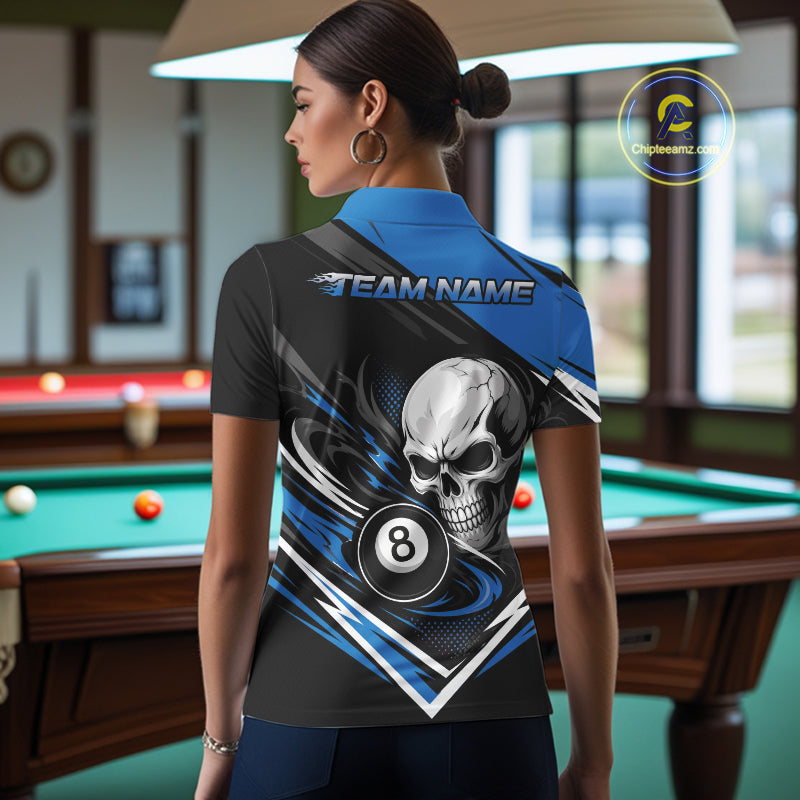 Custom Black And Blue 8 Ball Skull Billiards Women Polo Shirt, Pool Team Shirt IPHW11745