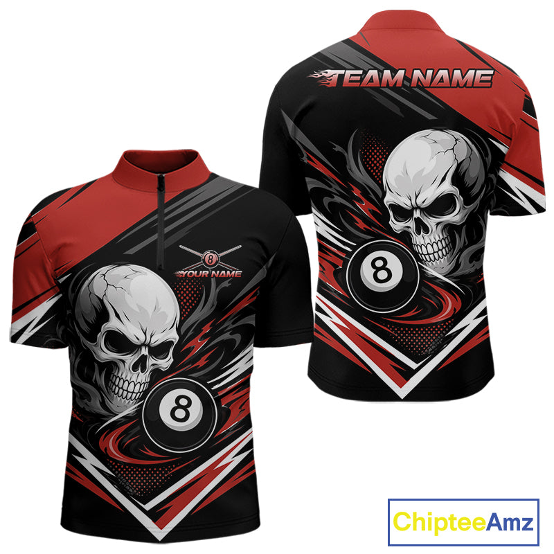Custom Black And Red 8 Ball Skull Billiards Men Quarter Zip Shirt, Pool Team Shirt IPHW11746