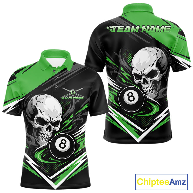 Custom Black And Green 8 Ball Skull Billiards Men Polo Shirt, Pool Team Shirt IPHW11748