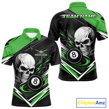 Custom Black And Green 8 Ball Skull Billiards Men Polo Shirt, Pool Team Shirt IPHW11748
