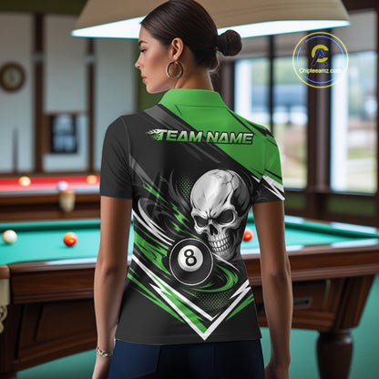 Custom Black And Green 8 Ball Skull Billiards Women Polo Shirt, Pool Team Shirt IPHW11748