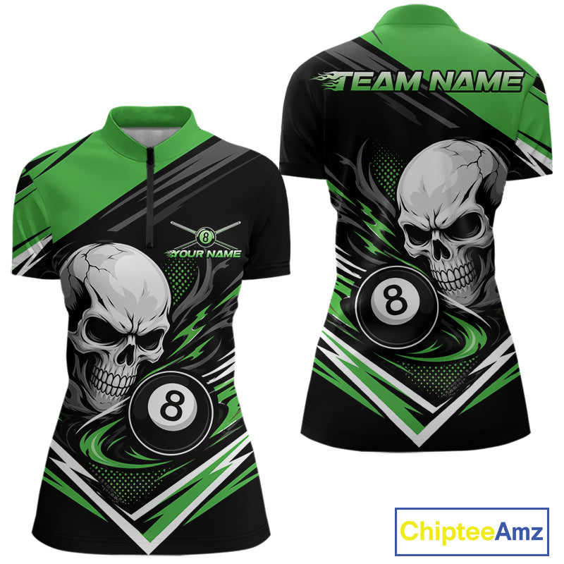 Custom Black And Green 8 Ball Skull Billiards Women Quarter-Zip Shirt, Pool Team Shirt IPHW11748