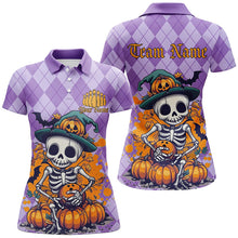 Load image into Gallery viewer, Orange And Purple Argyle Pattern Custom Funny Skull Halloween Bowling Shirts For Women IPHW7656