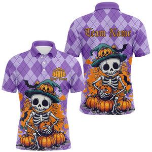 Orange And Purple Argyle Pattern Custom Funny Skull Halloween Bowling Shirts For Men IPHW7656