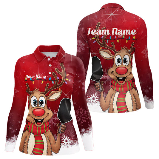 Custom Funny Christmas Reindeer Ladies Pickleball Long Sleeve Polo Shirt, Pickleball Outfit IPHW8096
