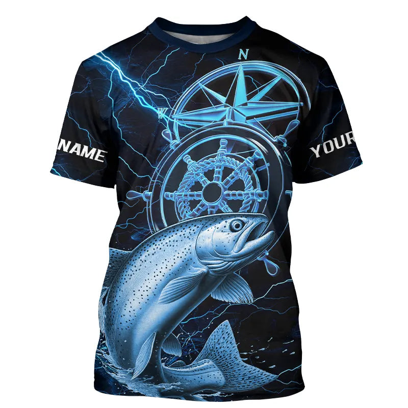 Blue Thunder Lightning Custom Chinook King Salmon Compass Tournament Fishing T Shirts IPHW8098
