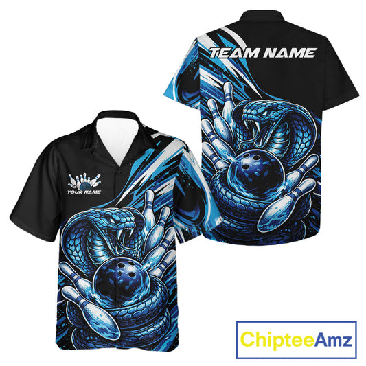 Custom Black And Blue Cobra Snake Men And Women Bowling Hawaiian Shirts, Cobra Bowling Jerseys IPHW10371