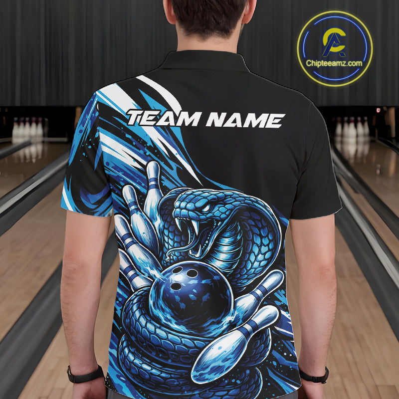 Custom Black And Blue Cobra Snake Men Bowling Polo Shirts, Cobra Bowling Jerseys IPHW10371