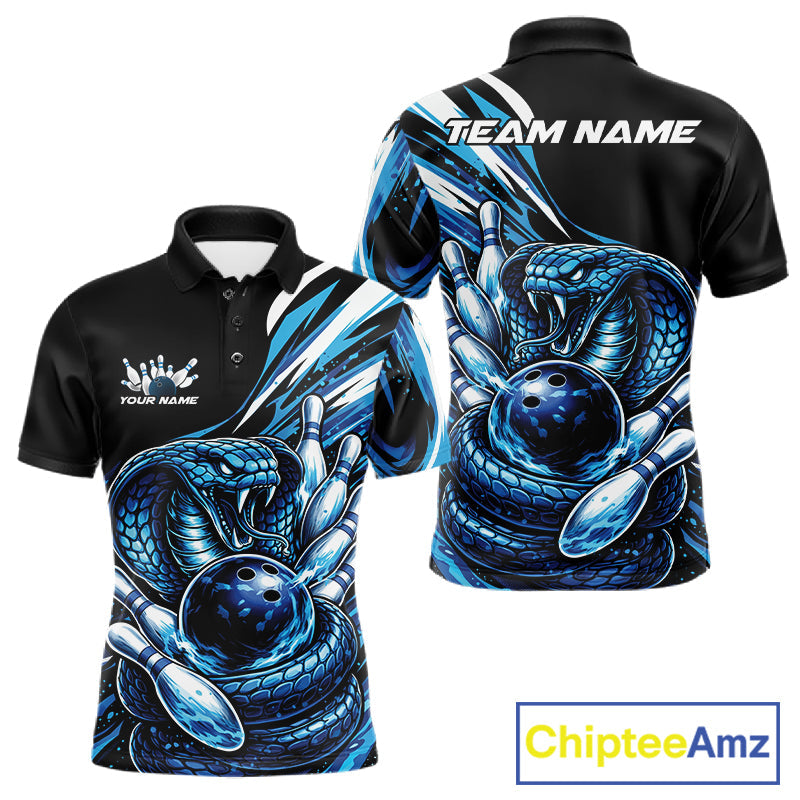 Custom Black And Blue Cobra Snake Men Bowling Polo Shirts, Cobra Bowling Jerseys IPHW10371