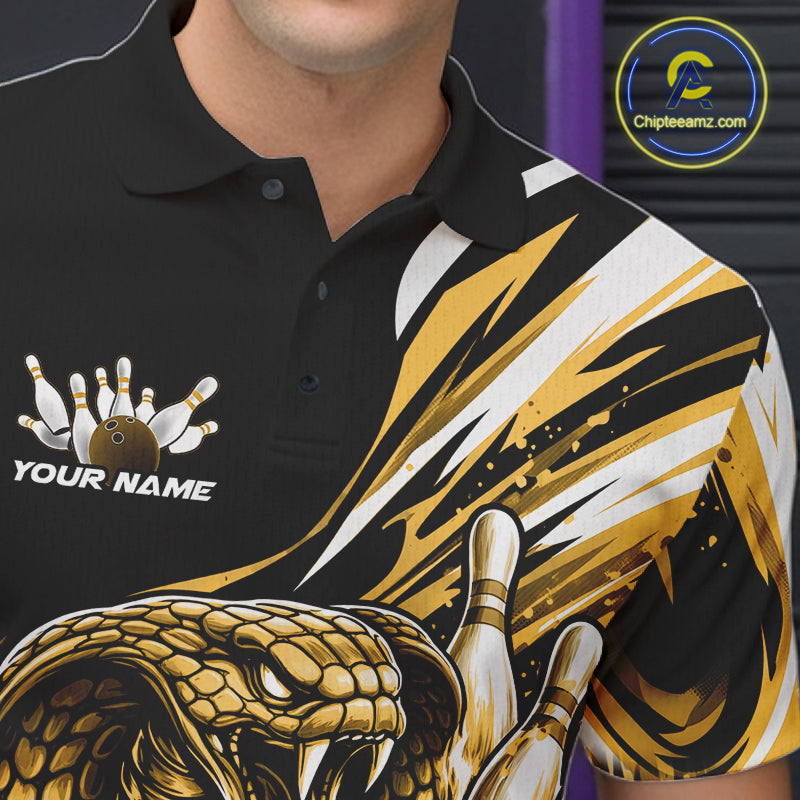 Custom Black And Yellow Cobra Snake Men Bowling Polo Shirts, Cobra Bowling Jerseys IPHW10372