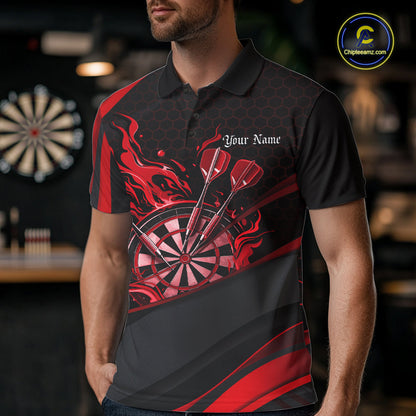 Custom Red Fire Flame Dartboard Darts Team Men Polo Shirts, Dart League Shirts IPHW10377