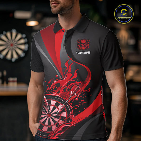 Custom Black And Red Flame Dartboard Darts Team Men Polo Shirts, Darts Jerseys IPHW10380