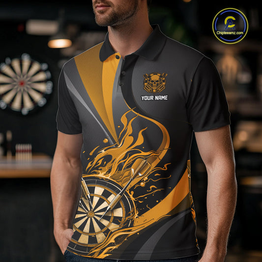 Custom Black And Yellow Flame Dartboard Darts Team Men Polo Shirts, Darts Jerseys IPHW10381