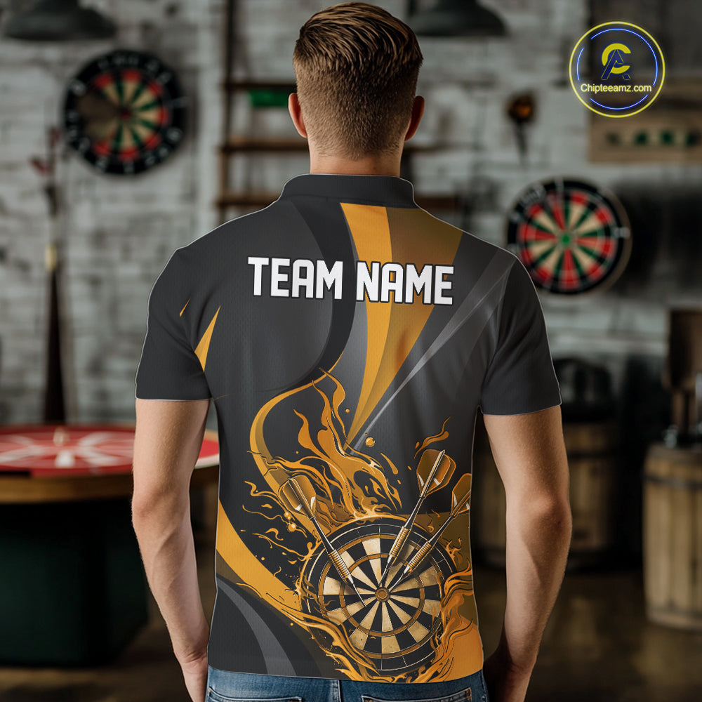 Custom Black And Yellow Flame Dartboard Darts Team Men Polo Shirts, Darts Jerseys IPHW10381
