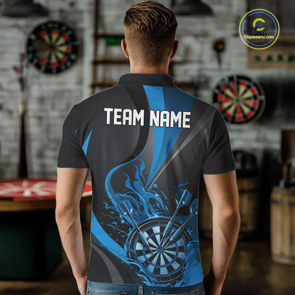 Custom Black And Blue Flame Dartboard Darts Team Men Polo Shirts, Darts Jerseys IPHW10382