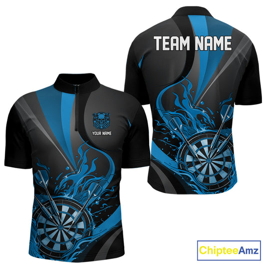 Custom Black And Blue Flame Dartboard Darts Team Men Quarter-Zip Shirts, Darts Jerseys IPHW10382