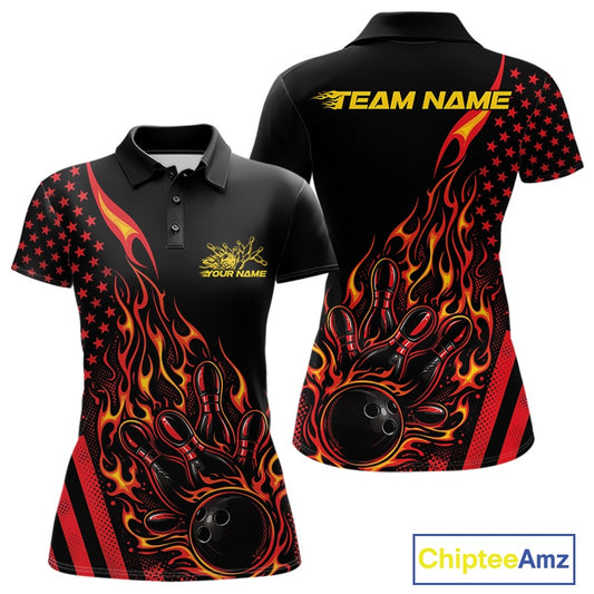 Front and back display of a black women’s bowling polo shirt featuring a red and orange flaming bowling ball striking pins with patriotic American flag accents.