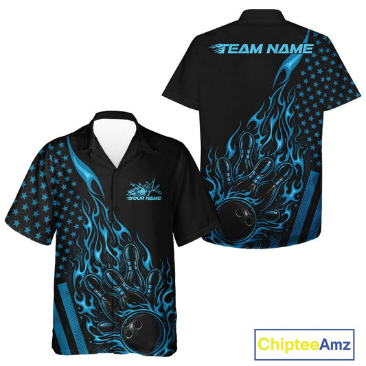 Front and back view of a black button-up bowling shirt showcasing a blue flaming bowling ball striking pins with an American flag theme.