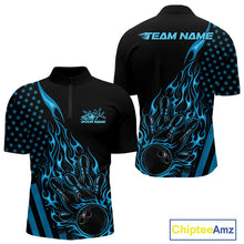 Load image into Gallery viewer, Custom Blue Patriotic Flame Bowling Men Quarter-Zip Shirt, US Flag Bowler Jersey IPHW11166