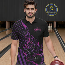 Load image into Gallery viewer, Custom Pink Purple Patriotic Flame Bowling Men Polo Shirt, US Flag Bowler Jersey IPHW11167