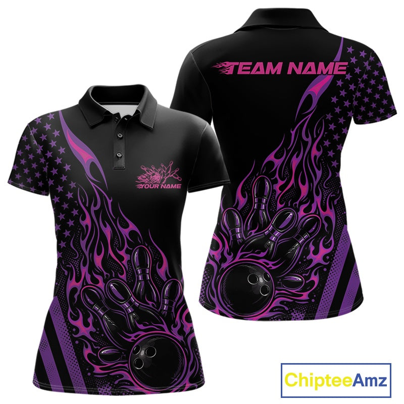 Front and back mockup of a black women’s bowling polo shirt featuring a pink and purple flaming bowling ball striking pins with patriotic graphics.