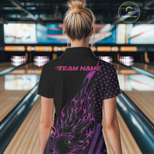 Load image into Gallery viewer, Custom Pink Purple Patriotic Flame Bowling Women Polo Shirt, US Flag Bowler Jersey IPHW11167
