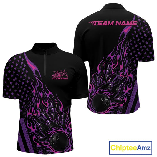 Front and back view of a black men’s bowling quarter-zip shirt showcasing a pink and purple flaming bowling ball striking pins with patriotic styling.