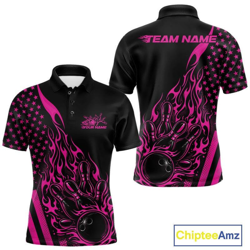Front and back view of a black men’s bowling polo shirt showcasing a pink flaming bowling ball striking pins with patriotic American flag artwork.