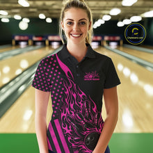 Load image into Gallery viewer, Custom Pink Patriotic Flame Bowling Women Polo Shirt, US Flag Bowler Jersey IPHW11168