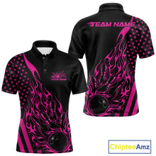 Load image into Gallery viewer, Custom Pink Patriotic Flame Bowling Men Polo Shirt, US Flag Bowler Jersey IPHW11168