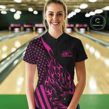 Load image into Gallery viewer, Custom Pink Patriotic Flame Bowling Women Quarter-Zip Shirt, US Flag Bowler Jersey IPHW11168