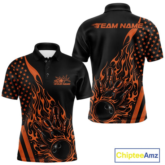 Front and back display of a black men’s bowling polo shirt featuring an orange flaming bowling ball striking pins with a patriotic American flag theme.