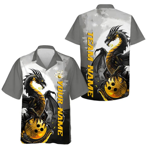 Black And Gold Custom Dragon Bowling Hawaiian Shirts For Kid, Dragon Bowling Team Shirts IPHW7058