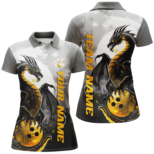 Black And Gold Custom Dragon Bowling Shirts For Women, Dragon Bowling Team Shirts IPHW7058