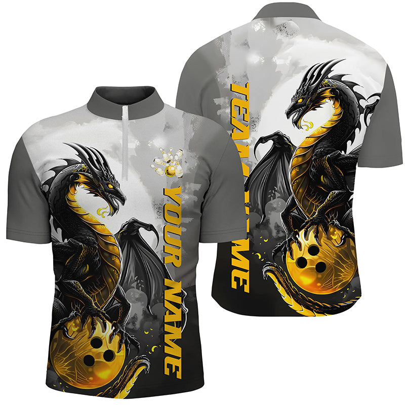 Black And Gold Custom Dragon Bowling Shirts For Men, Dragon Bowling Team Shirts IPHW7058