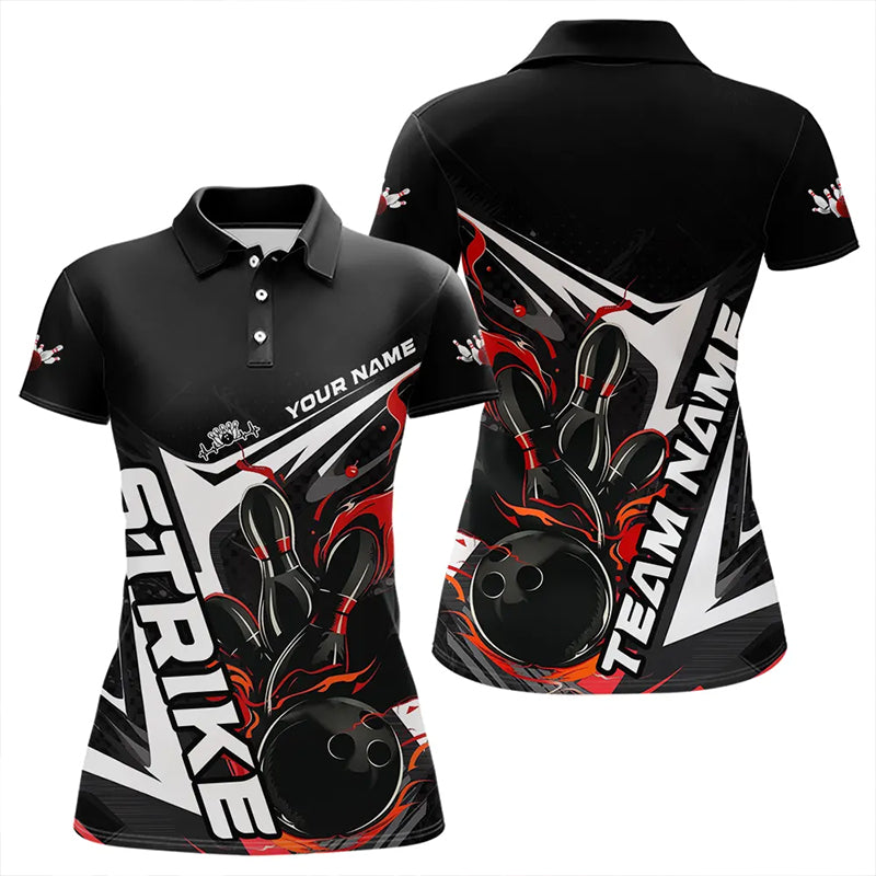 Custom Black And Red Flame Strike Bowling Polo Shirts For Women, Strike Bowling Jerseys IPHW8312