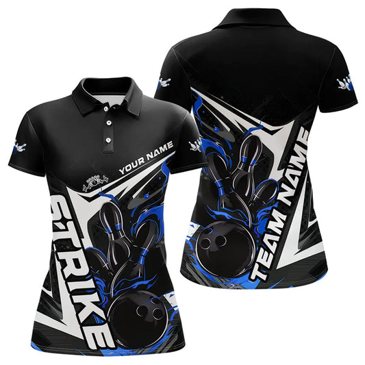 Custom Black And Blue Flame Strike Bowling Polo Shirts For Women, Strike Bowling Jerseys IPHW8313