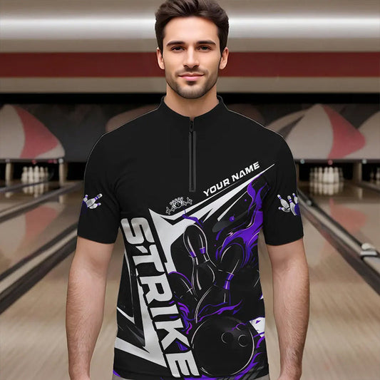 Custom Black And Purple Flame Strike Bowling Quarter-Zip Shirts For Men, Strike Bowling Jerseys IPHW8315