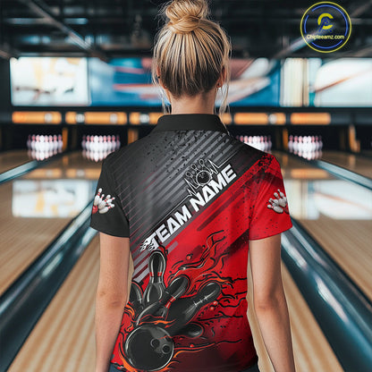 Custom Red Strike Flame Bowling Women Quarter Zip Shirt, Bowling Team Shirt Bowler Outift IPHW9615