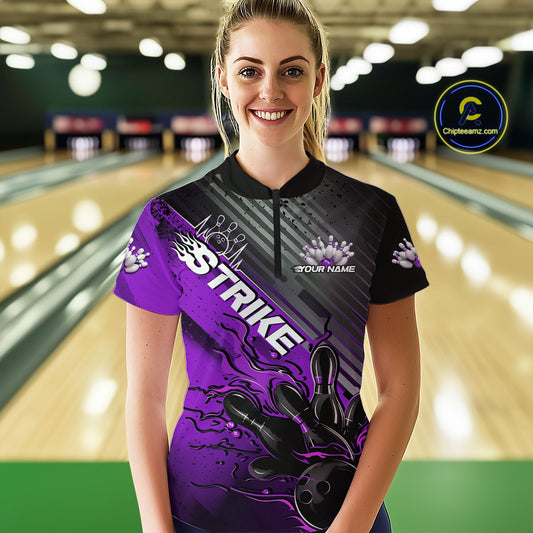 Custom Purple Strike Flame Bowling Women Quarter Zip Shirt, Team Shirt Bowlers Outift IPHW9617