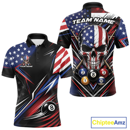 Custom Patriotic American Flag Skull Billiards Men Polo Shirt, US Flag Pool Jersey IPHW11784