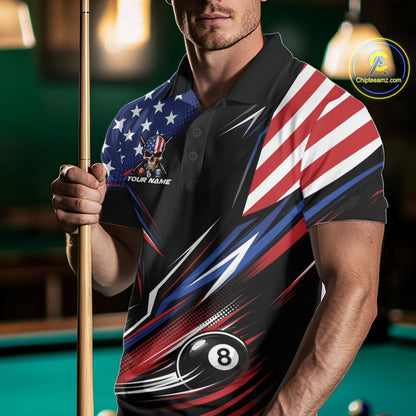 Custom Patriotic American Flag Skull Billiards Men Polo Shirt, US Flag Pool Jersey IPHW11784