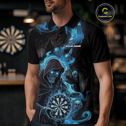 Custom Blue Fire Flame Grim Reaper Dart Men Polo Shirts, Dart Team Halloween Outfits IPHW9984
